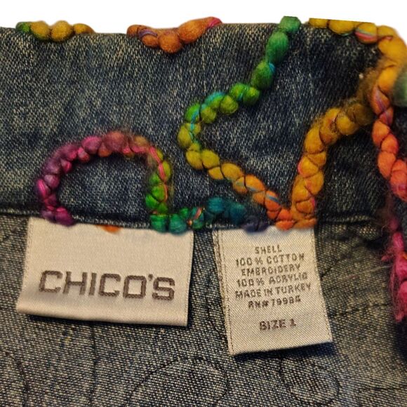 Chico's Colorful Long Sleeve Blue Denim Jacket Embroidery Artwork Size M/8 - Picture 4 of 14